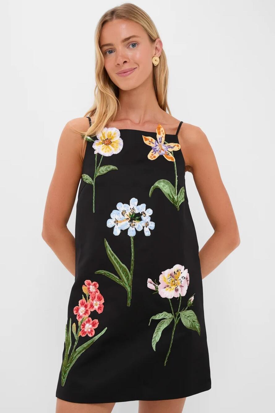 Leo Lin Ebony Botanical Print Leia Embroidery Embellished Mini Dress US 10